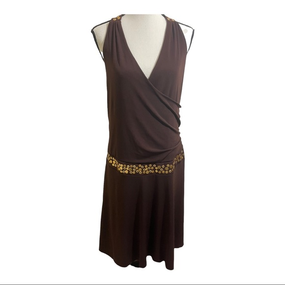 Torrid womens halter faux wrap dress. Gold dot trim. Size 12. Brown drop… - Picture 10 of 12